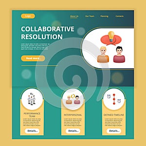 Collaborative resolution flat landing page website template. Performance team, interpersonal, defined timeline. Web