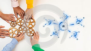 Collaborative teamwork concept with hands assembling gears and artificial intelligence technology network visual