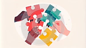 Collaborative teamwork: diverse hands connecting puzzle pieces