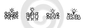 Collaborative Teamwork And Idea Generation Line Icon Set In Doodle Style. Group Creativity, Problem Solving, And