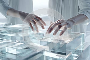 collaborative transparent design, teamwork in constructing minimalist glass grid structure, several individuals