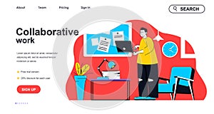 Collaborative work concept for landing page template. Employee works with colleagues, contacting online by laptop. Teamwork people