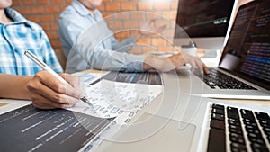 Collaborative work Software engineers website developer technologies or programmer working coding on startup ai application