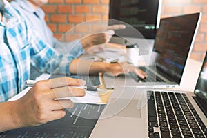 Collaborative work Software engineers website developer technologies or programmer working coding on startup ai application