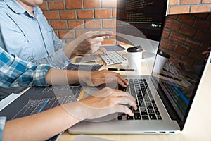 Collaborative work Software engineers website developer technologies or programmer working coding on startup ai application