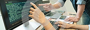 Collaborative work Software engineers website developer technologies or programmer working coding on startup ai application