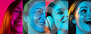 Collafge of half-faced portraits of young women smiiling, laughing isolated over multicolored background in neon lights