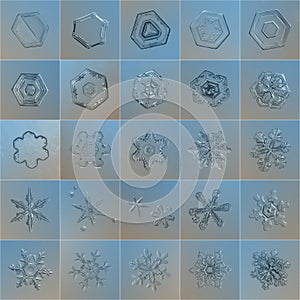 Collage with 25 real snowflake macro photos