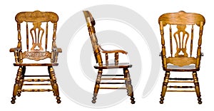 Collage of 3 antique wooden chair views (isolated)