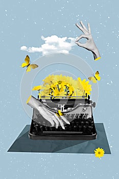 Collage 3d image pinup pop artwork of hands typing copywriter mechanical vintage keyboard yellow bouquet daisy isolated