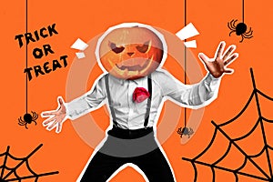 Collage 3d image of pinup pop retro sketch of frighten spooky man pumpkin instead of head isolated painting background