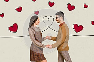 Collage 3d image of pinup pop retro sketch of funny couple dance hold arms valentine day dating concept weird freak