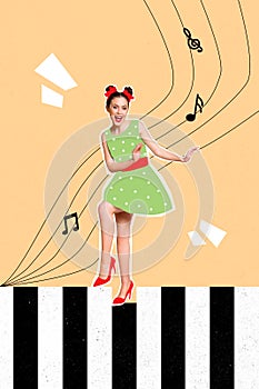 Collage 3d image of pinup pop retro sketch of funny funky cute cool retro outfit young woman dancing big piano keys