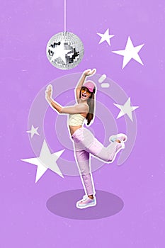 Collage 3d image of pinup pop retro sketch of funny funky young woman youngster youth dancing jumping retro vintage