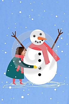 Collage 3d image of pinup pop retro sketch of funny girl hug snowman game decor friends happy merry christmas new year