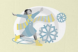 Collage 3d image of pinup pop retro sketch of funny running girl dancing snowy weather clothes happy merry christmas new