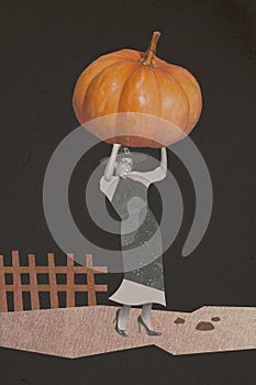 Collage 3d image of pinup pop retro sketch of funny senior female dancing hold big pumpkin witch costume happy halloween