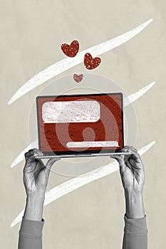 Collage 3d image of pinup pop retro sketch of hands hold receive love message matches app netbook bizarre unusual