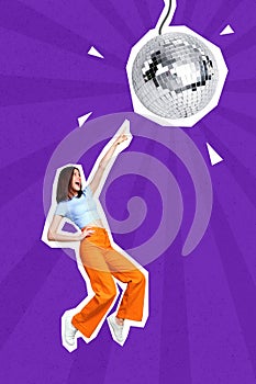 Collage 3d image of pinup pop retro sketch of happy smiling lady dancing pointing finger disco ball isolated painting