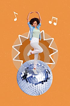 Collage 3d image of pinup pop retro sketch image of woman dancing huge disco ball isolated orange painting background