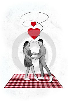 Collage 3d image of pinup pop retro sketch of positive couple students dancing dating concept valentine day fantasy
