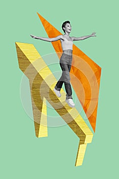 Collage 3d image of pinup pop retro sketch of sporty lady walking balance beam isolated painting background