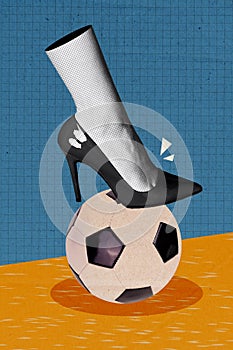 Collage 3d image of pinup pop retro sketch of woman leg high heel playing football manager girl boss billboard comics