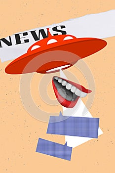 Collage 3d image of pinup pop retro sketch of woman talking big mouth kidnap ufo aliens supernatural broadcasting news