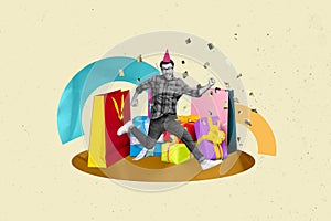 Collage 3d image of pinup pop retro sketch of young funny excited man running shopping bags present giftbox sales