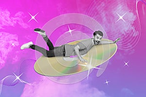 Collage 3d pinup pop retro sketch image of funky carefree guy flying obsolete disk isolated pink violet purple color