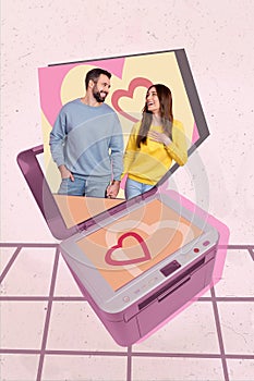 Collage 3d pinup pop retro sketch image of smiling cute husband wife printing valentine day photos isolated painting