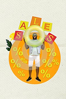 Collage 3d pop sketch image of funky guy announcing summer vacating sales isolated painting background