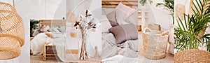 Collage of 6 photos in one style: elements of home decor in boho style: wicker chandelier, pastel bed, wicker baskets, bouquet of