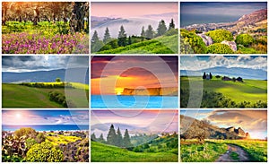 Collage with 9 colorful summer landscapes.