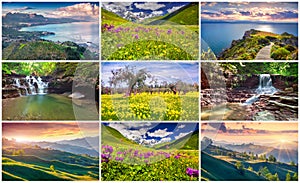 Collage with 9 colorful summer landscapes.