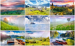Collage with 9 colorful summer landscapes.