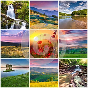 Collage with 9 square summer landscapes.