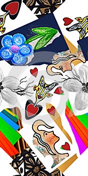 Collage abstract. Seamless abstract background.Collage of drawings of hearts, faces, flowers