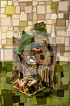 Collage of abstract shapes made of computer circuit boards, stylization