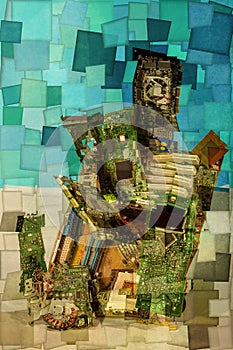 Collage of abstract shapes made of computer circuit boards, stylization