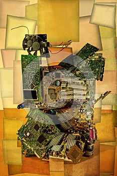 Collage of abstract shapes made of computer circuit boards, stylization