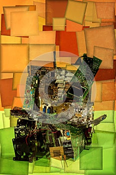 Collage of abstract shapes made of computer circuit boards, stylization
