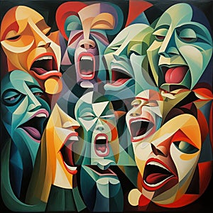 Collage of abstract singing faces. Cubism. AI generation