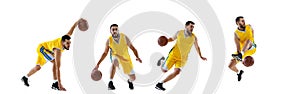 Collage. Active man, basketball player in yellow uniform playing, training isolated over white studio background