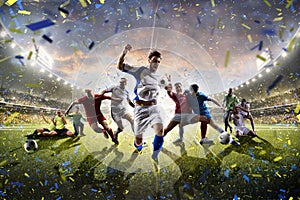 Collage adult children soccer players in action on stadium panorama