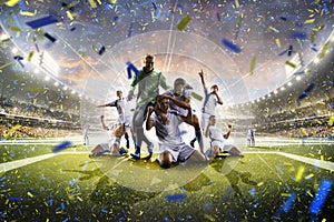 Collage adult soccer players in action on stadium panorama