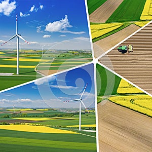 Collage of aerial view of wind turbine. Rapeseed blooming. Windmills and yellow fields from above. Agricultural fields on a summer