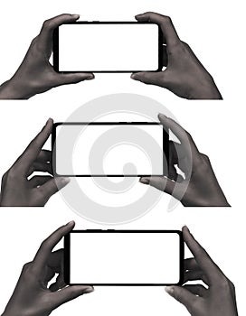 Collage afro woman hand holding the black new smartphone with blank screen isolated white background. set hands using phone