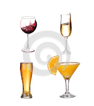 Collage of alcohol drinks. isolated on white