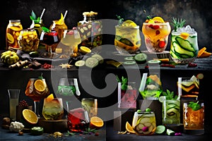 Collage of alcoholic and non-alcoholic drinks with the addition of marinade. Close-up. Generative AI content